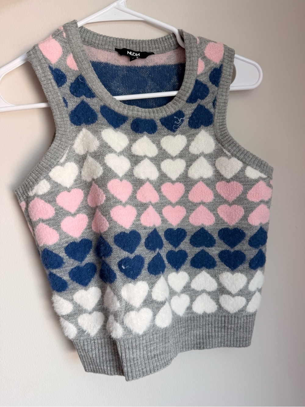 Gray Knit Heart Pattern Sleeveless Vest with Pink, Blue, White Hearts